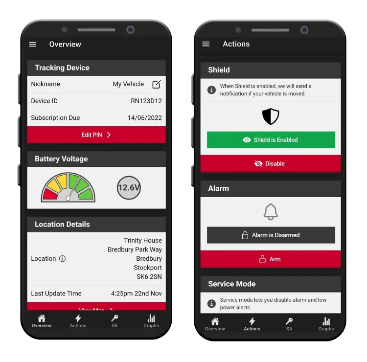 Custom built app and web portal showcase owned and built by moving intelligence for vehicle / asset management and high-level security.