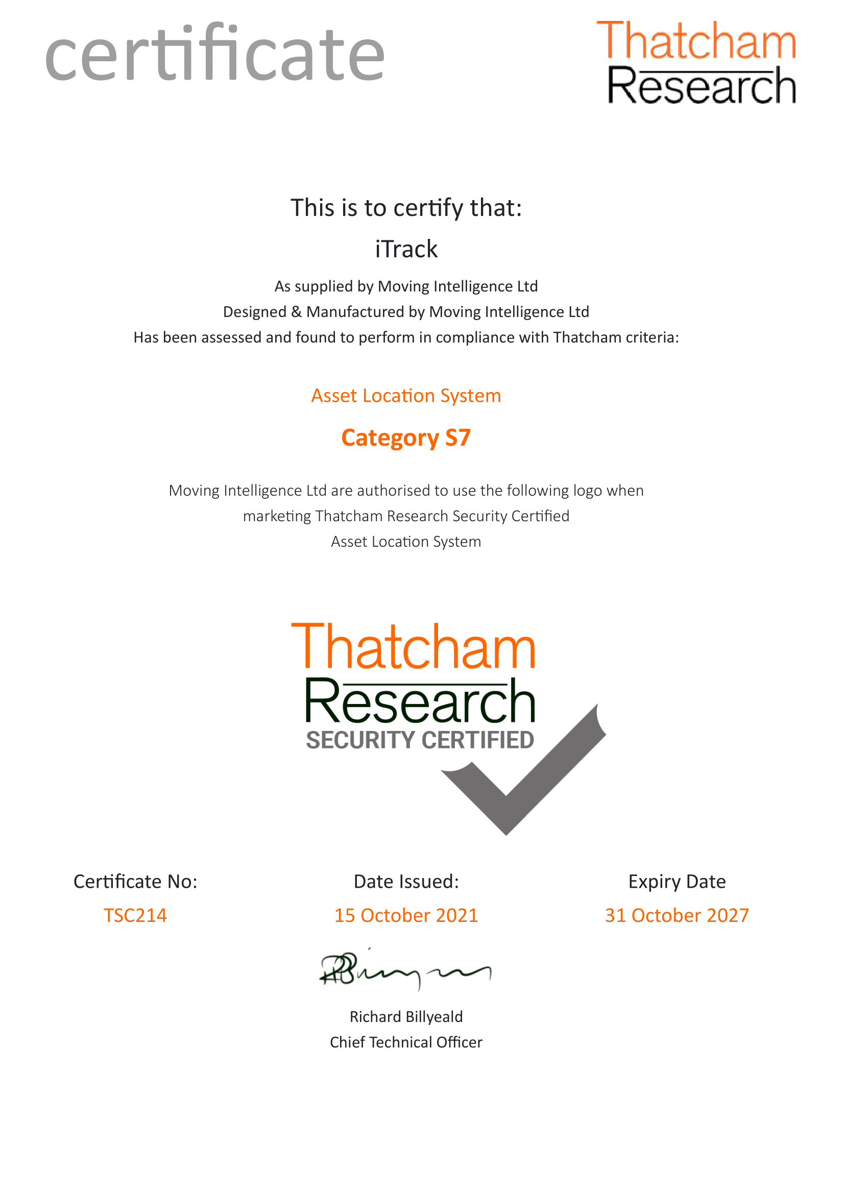 iTrack S7 is Thatcham Certified and Insurance Accredited